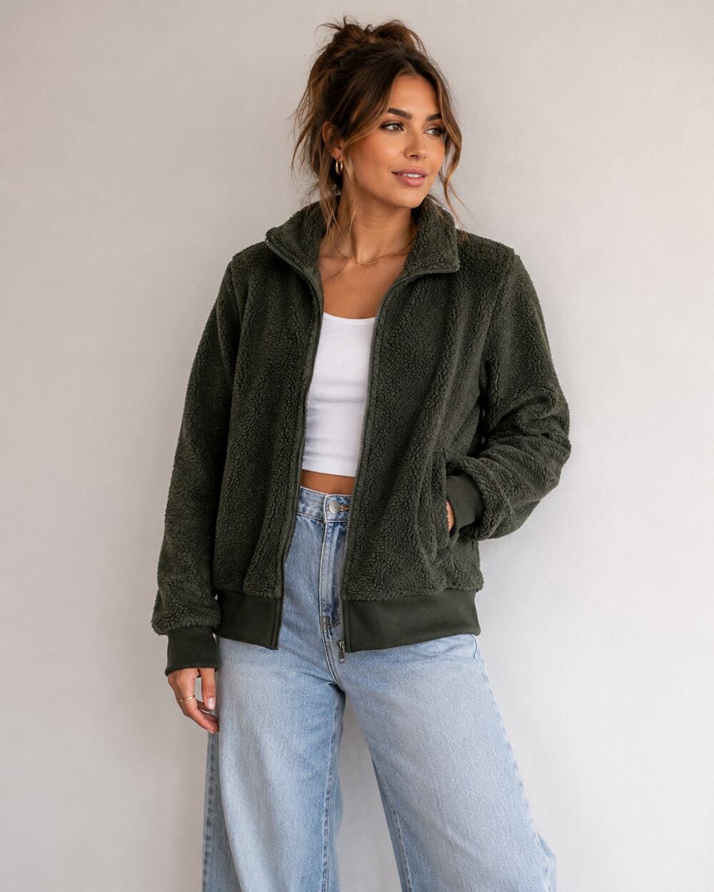 Women’s Olive Green Sherpa Fleece Full Zip Jacket Size XL